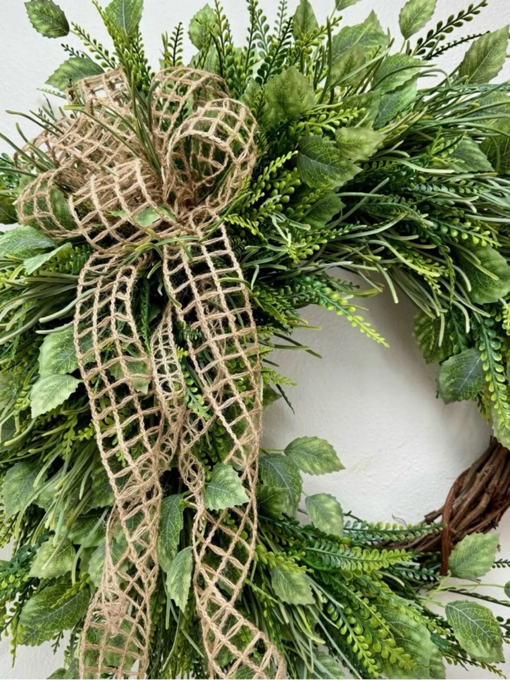 Year Round Wreath - Green Rustic Jute Bow Fern Wreath - Mother's Day